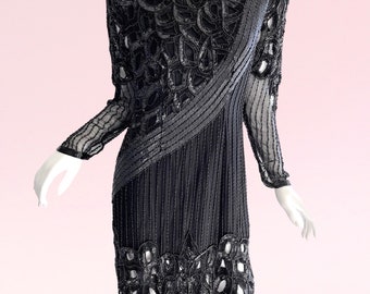 1980s Vintage Sequin Beaded Silk Dress Embellished Keyhole Black Party Cocktail Holiday Dress