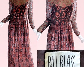 1970s Vintage Bill Blass Sequin Evening Gown, Neiman Marcus Art Deco Metallic Red Carpet Medium