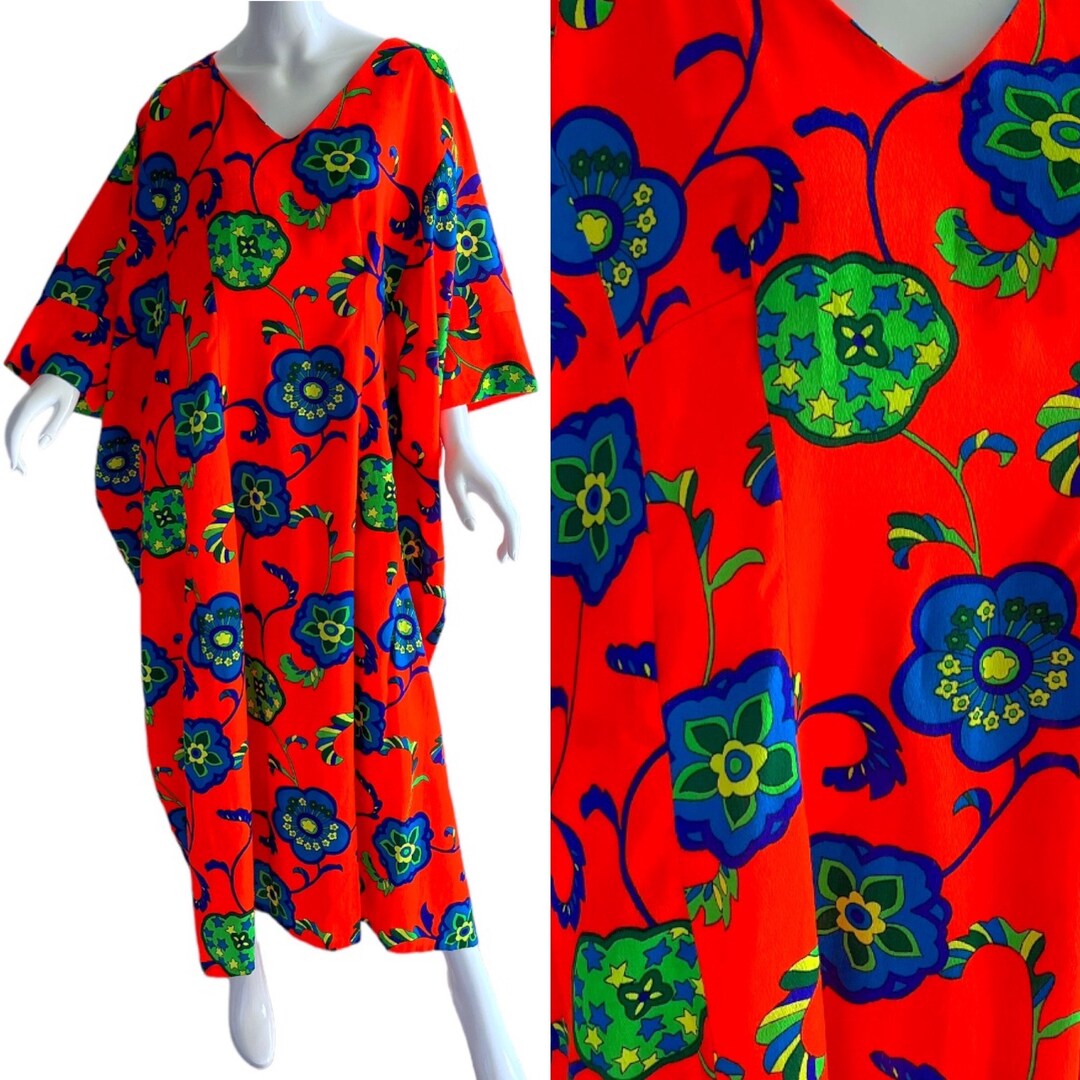 1970s Vintage Hawaiian Kimono Caftan Deadstock Psychedelic Flowers Maxi ...