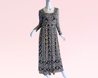 1970s Vintage Malcolm Starr Sequin Silk Dress Art Deco Evening Gown