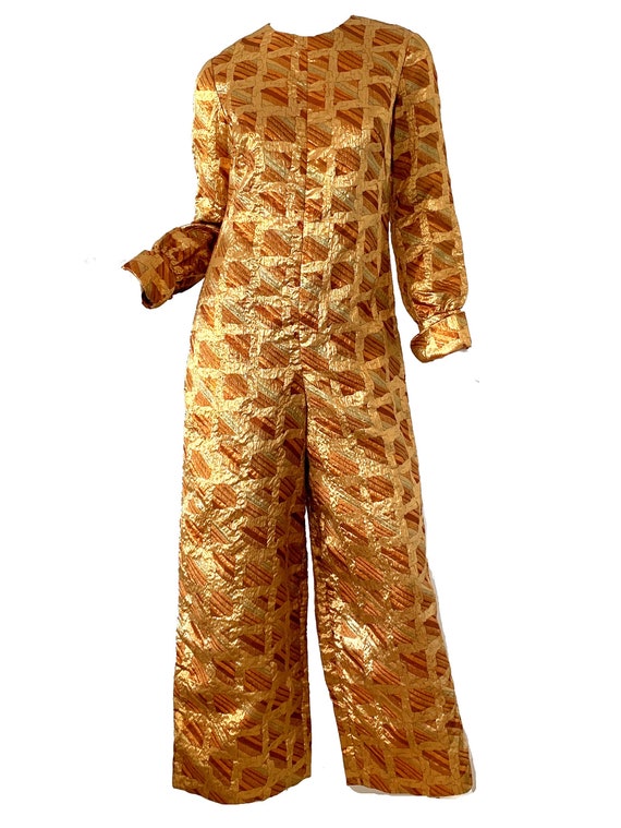 60s Vintage Gold Jumpsuit / Brocade Metallic Mod L