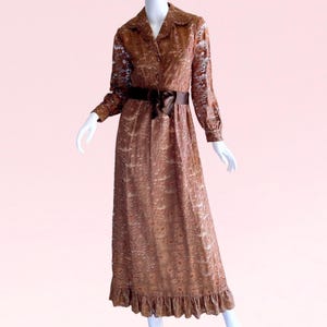 1970s Vintage Pat Sandler Lace Maxi Dress Romantic Victorian Ribbon Ruffled Wedding Gown
