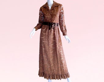 Vestido largo de encaje vintage de los años 70 de Pat Sandler, vestido de novia victoriano romántico con volantes y cintas