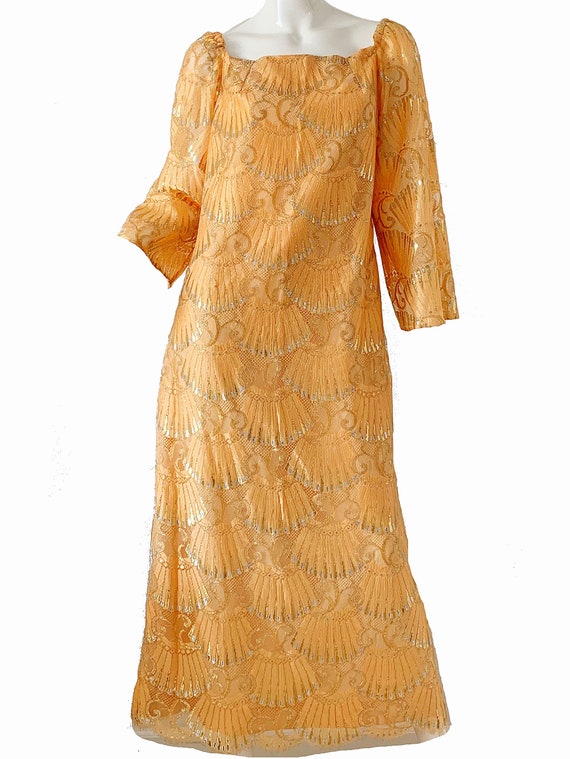Vintage 60s Gold Metallic Dress / Art Deco Lace Pa