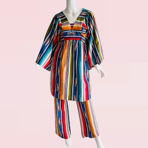 1970s Vintage Psychedelic  Bell Bottoms Pant Set Hippie Festival Rainbow Serape Southwestern Mexican Print XS