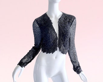 1980s Vintage Beaded Silk Sequin Bolero Jacket, Victoriana Edwardian Holiday Top