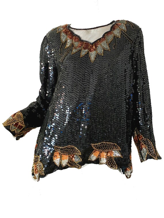 Vintage 80s Sequin Disco Blouse / Beaded Silk Part