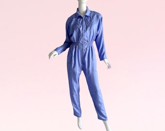 1980s Vintage Joan Walters Rhinestone Jumpsuit, Parachute Blue Jean Color Jumpsuit