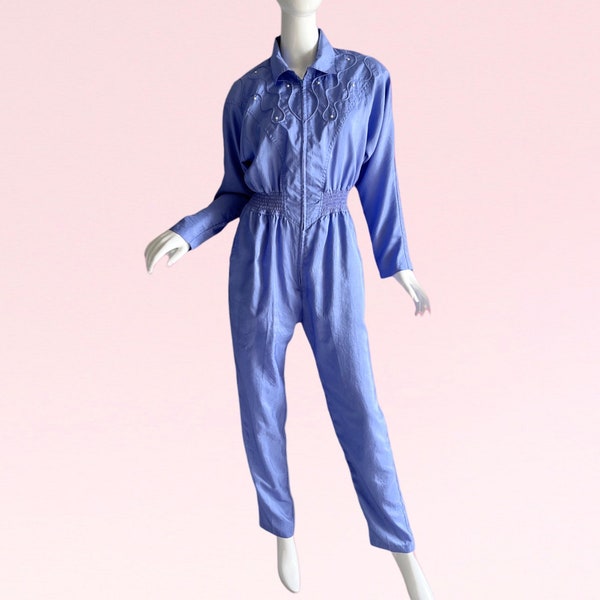 1980s Vintage Joan Walters Rhinestone Jumpsuit, Parachute Blue Jean Color Jumpsuit