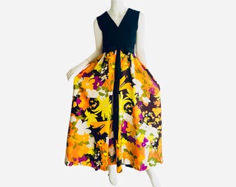 1960er Jahre Blumen Palazzo Jumpsuit Psychedelic Hawaiianische Schleife Empire Bow Party Glamour Anzug