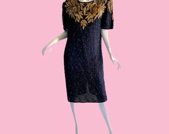 1980s Vintage Sequin Beaded Dress, Gold Black Cocktail Party Dress XL