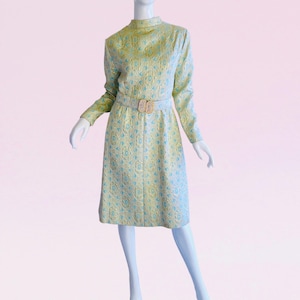 1960s Vintage Brocade Gold Dress Metallic Gold Lame Rhinestone Mod Belted Jeweled Party Cocktail Sheath Designer Glamorous