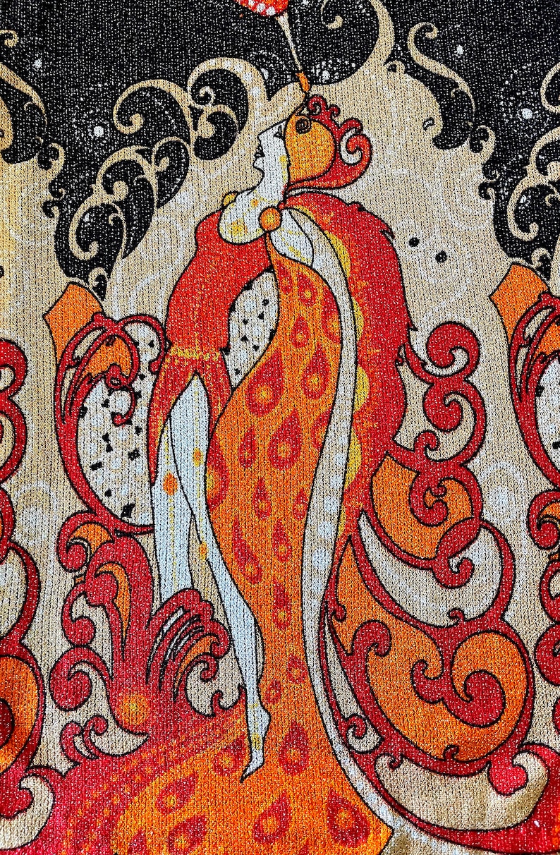 1970s Vintage Metallic Novelty Print Erte Art Nouveau Dress, Shimmering Showgirls Evening gown small image 2