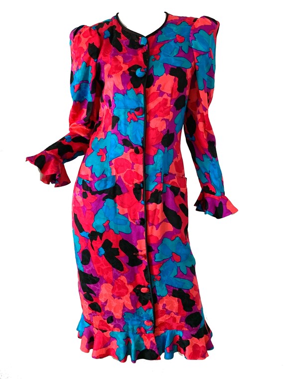 Vintage 80s Flora Kung Dress / Floral Silk Flutter
