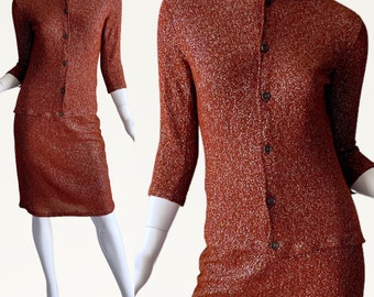 1950s Vintage Mid Century Skirt Suit Metallic Wiggle Pencil Party Cocktail Mod Skirt Set XS