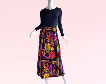 1970s Vintage Psychedelic Neon Maxi Dress, Tribes Designer Flower Maxi