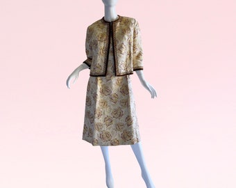 1960s Vintage Harvey Berin Brocade Dress Suit, Metallic Gold Silk Beaded Dress Suit Medium