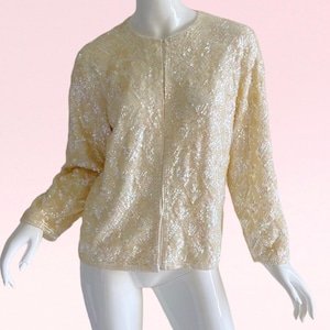 1950s Vintage Beaded Sequin Cardigan Golden Ivory Shimmering Wool Winter Large