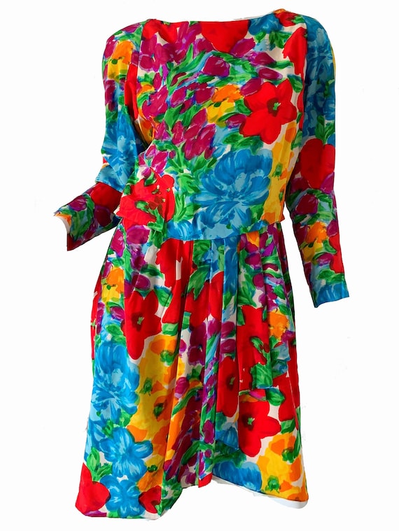 Vintage 80s Adele Simpson Dress / Floral Silk Pepl