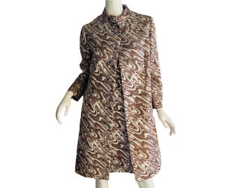 1960s Brocade Rhinestone Dress Coat Set Metallic Mod Swirl Coat and Dress Set