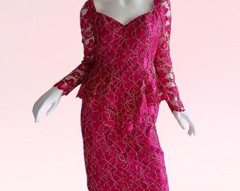 Robe de soirée métallique Karen Okada vintage des années 1980, robe de cocktail glamour peplum en dentelle