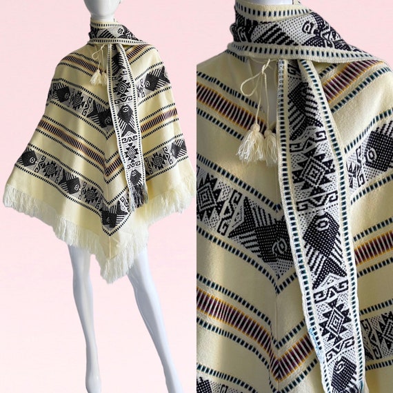 1970s Vintage Guatemalan Embroidered Poncho, Frin… - image 1