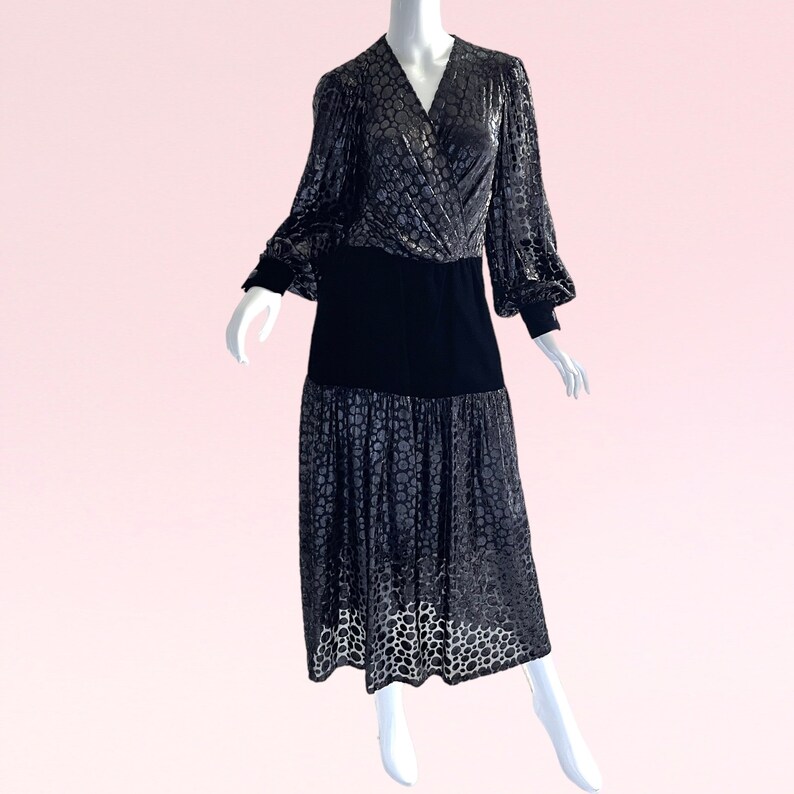 1970s Vintage Givenchy Nouvelle Boutique Dress, Silk Devore Metallic Sara Fredericks Glamour Party Evening image 5