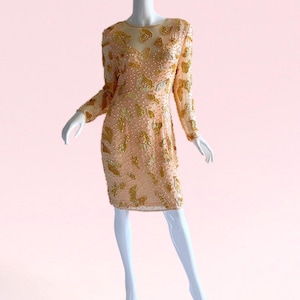 1980s Vintage Gold Sequin Silk Dress Beaded Pearls Metallic Shimmering Party Cocktail Dress