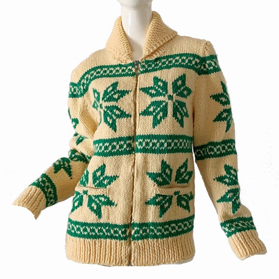Vintage 50s Cowichan Sweater Hand Knit Wool Cardig