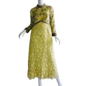 1960s Vintage Couture Beaded Wedding Gown Art Deco Tulips Brocade Metallic Empire Designer Dress