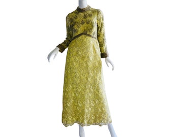 1960s Vintage Couture Beaded Wedding Gown Art Deco Tulips Brocade Metallic Empire Designer Dress