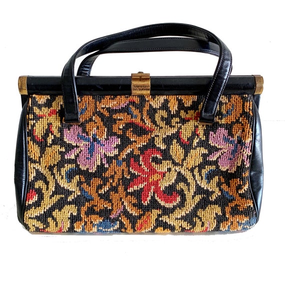 50s Tapestry Needlepoint Purse / Coblentz Leather