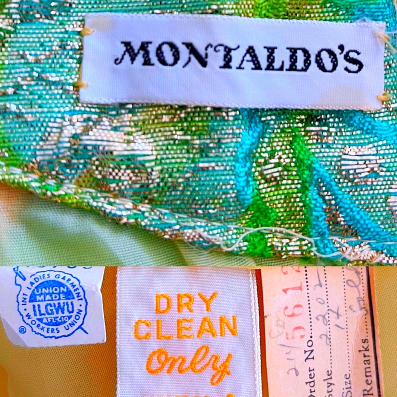 May include: A white label with the text "Montaldo's" on a green and blue fabric with a metallic sheen. A blue and white label with the text "Union Made ILGWU AFL-CIO Workers Union" and a yellow label with the text "Dry Clean Only" are also visible.