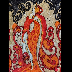 1970s Vintage Metallic Novelty Print Erte Art Nouveau Dress, Shimmering Showgirls Evening gown small image 8
