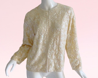 1950s Vintage Gold Sequin Cardigan Sweater, Beaded Wool Winter Large