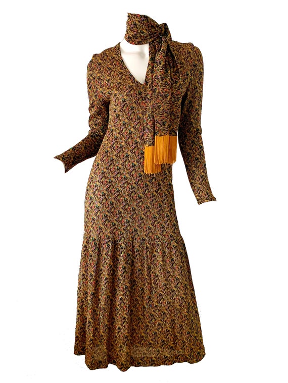 Vintage 70s Metallic Knit Dress / Gold Fringe Sash