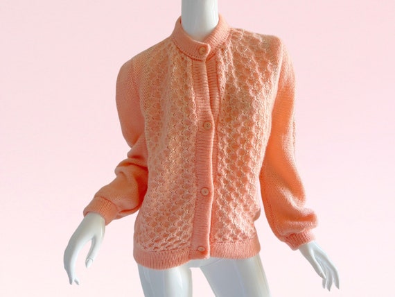 1970s Vintage Crochet Pink Sweater Cardigan, Meta… - image 1