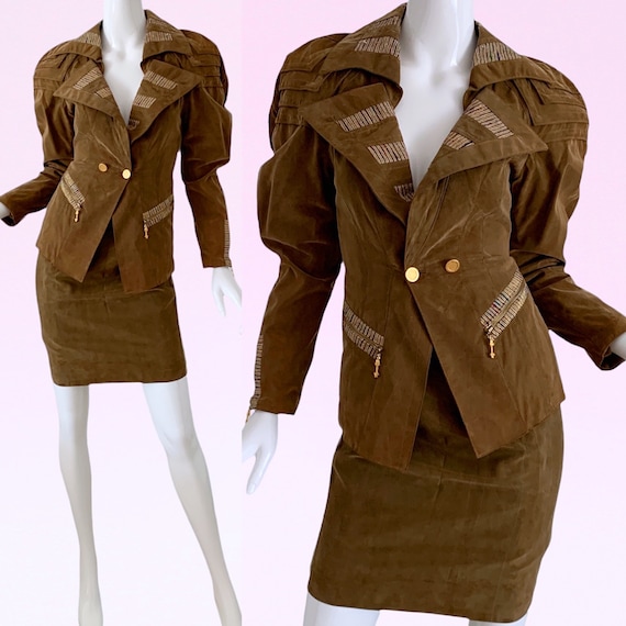 1980s Vintage Gold Suede Jacket Skirt Suit Deadstock IFF Metallic Glam Rock N Roll Lame Set