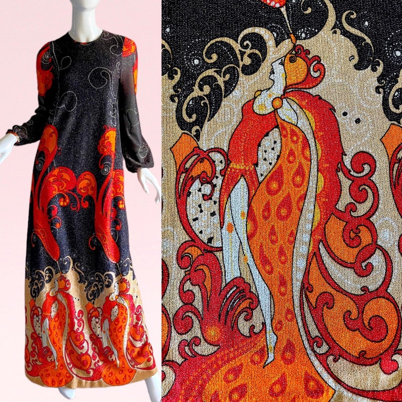 1970s Vintage Metallic Novelty Print Erte Art Nouveau Dress, Shimmering Showgirls Evening gown small image 1