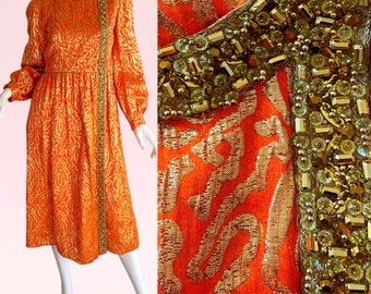 Vestido vintage de los años 60 con brocado y diamantes de imitación, dorado, lamé, cuentas metálicas, joyas, fiesta, glamoroso cóctel con lentejuelas