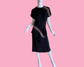 1940s Vintage Sequin Crepe Peplum Dress, Patty Ann Exclusives Designer Mid Century Dress xs