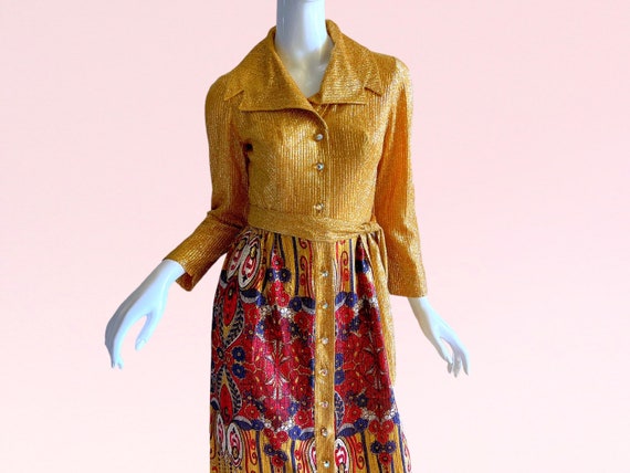 1970s Vintage Gold Lame Rhinestone Dress, Metalli… - image 2