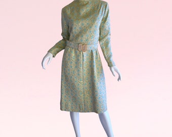 1960s Vintage Brocade Metallic Rhinestone Dress, Jeremy For Alan Phillips Designer Party Cocktail