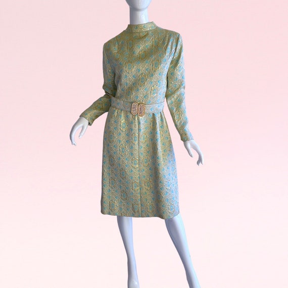 1960s Vintage Brocade Metallic Rhinestone Dress, … - image 1