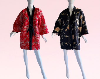 1970s Vintage Japanese Kimono Quilted Jacket, Novelty Print Reversible Whimsical Coat