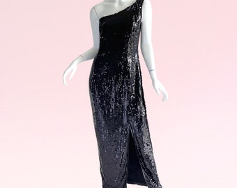 1980s Vintage Sequin Evening Gown, One Shoulder Shimmering Disco Era Dress