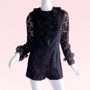 1960s Vintage Montaldos Lace Jumpsuit Ruffled Black Tuxedo Party Evening Mini Small