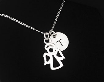 Sterling Silver Angel Initial Necklace: Personalized Charm Jewelry