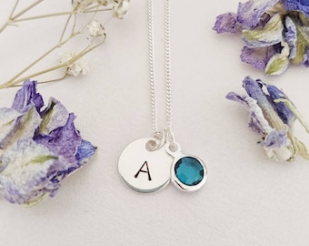 Sterling Silver Initial Birthstone Necklace: Personalized Jewelry Gift