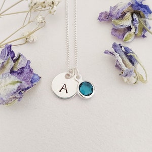 Sterling Silver Initial Birthstone Necklace: Personalized Charm Necklace